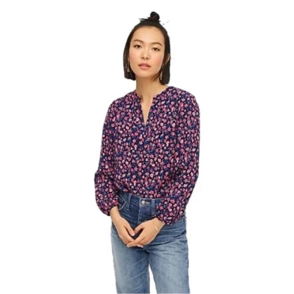 J. Crew Open V-Neck Top Dotted Floral Small Blue Pink Crepe Long Sleeve, Sz XS - Picture 1 of 13